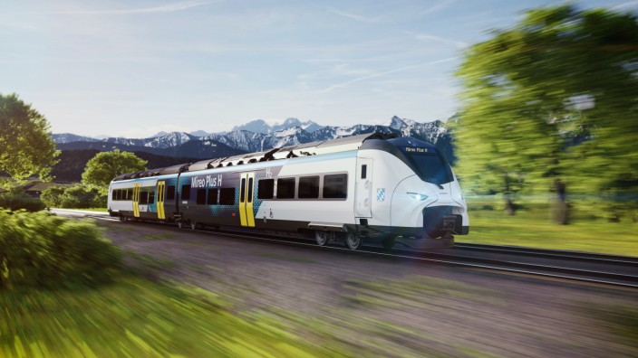 Schienenverkehr: 1,2 Tonnen CO₂ soll laut Siemens der Brennstoffzellenzug von Augsburg nach Füssen und zurück jedes Mal einsparen, wenn er mal fährt. Simulation: Siemens Mobility