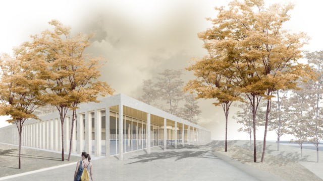 Stadtrat: Bis 2024 soll die neue Dreifachsporthalle am Lodererplatz in Erding fertiggestellt sein. Hier ist die Außenansicht zu sehen. Rendering: Fuchs & Rudolph Architekten