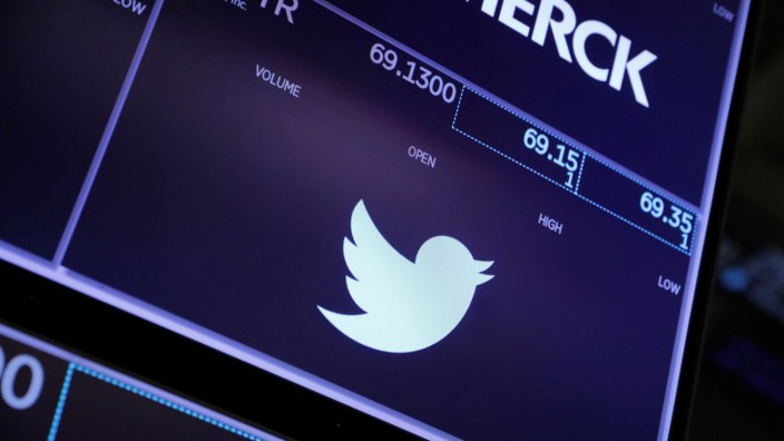 The logo for Twitter is seen on the trading floor at the New York Stock Exchange (NYSE) in Manhattan, New York City