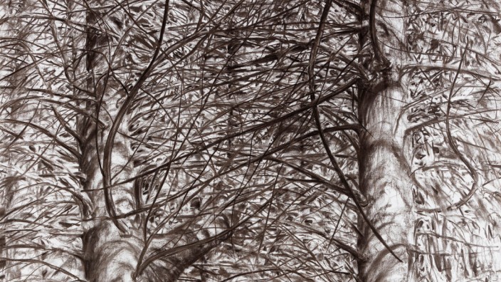 Ausstellung in Murnau: Georg Thumbachs Kohlezeichnung "Ohne Titel" (2021, 200 x 151 cm) in der Ausstellung "Into The Wild" der Kunststiftung Petra Benteler Murnau.