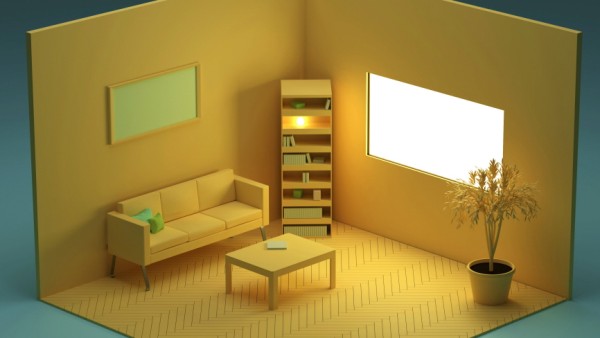 Three dimensional render of yellow colored corner of living room SPCF01212