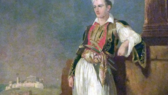 Portrait of Lord Byron 1788 1824 dressed in Greek costume and with the Acropolis of Athens in the