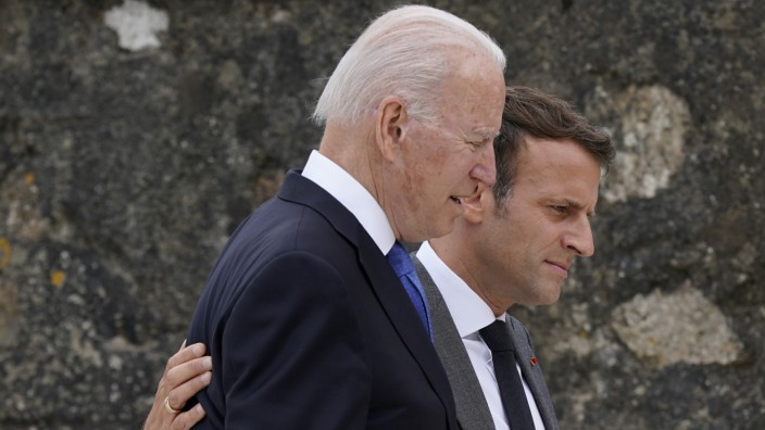 Französisch-amerikanisches Verhältnis: Beim G7-Gipfel in Cornwall war die Stimmung zwischen US-Präsident Biden (links) und Frankreichs Präsident Macron augenscheinlich noch in Ordnung.