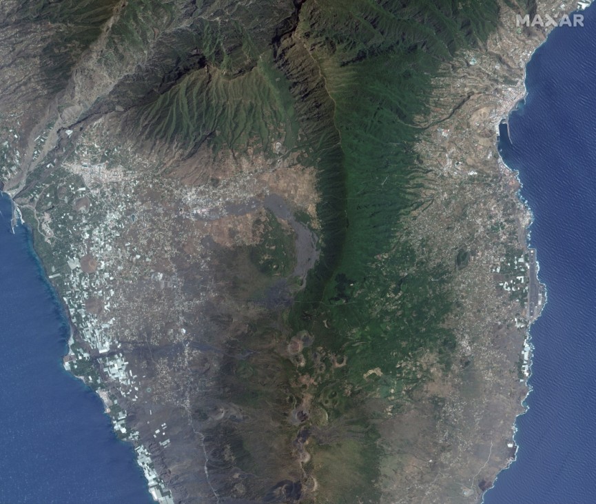 A satellite image shows the overview of Cumbre Vieja volcano on the island of La Palma, Spain on September 17, 2021 before the eruptions of the volcano