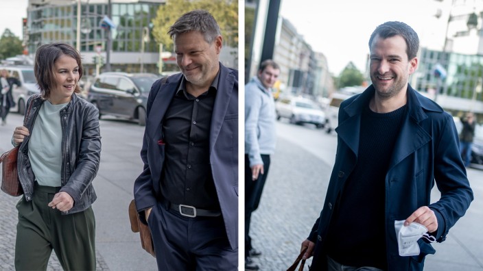 Bundestagswahl 2021: Annalena Baerbock, Robert Habeck (Grüne) und Johannes Vogel (FDP) auf dem Weg zu Sondierungsgesprächen