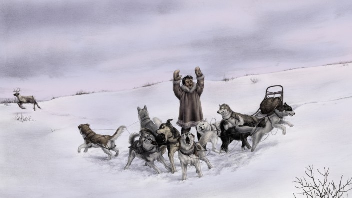 Sachbuch: Stabwechsel bei der Hundestaffel im Schnee. Illustration aus Lena Zeise: Balto & Togo