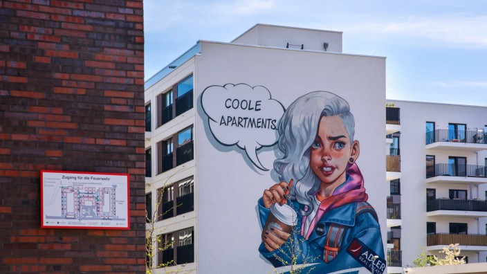 Symbolbild der Filma Adler Grafitti als Werbung für das neue Quartier in Berlin mit der sprechblase Coole Apartments **
