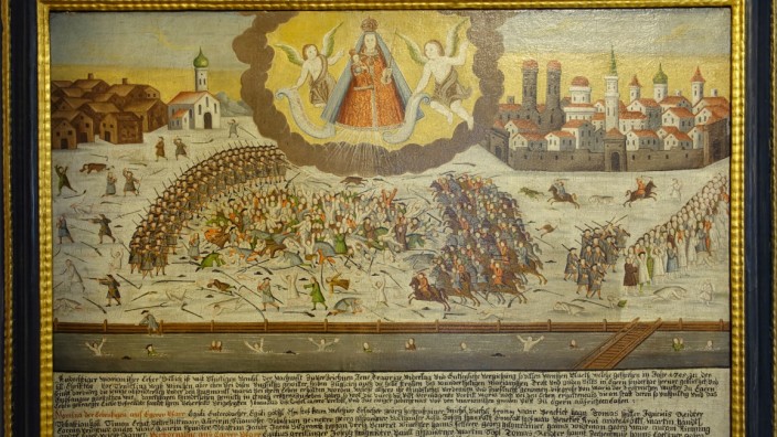 Bayerische Geschichte: Auf einem zeitgenössischen Votivbild in der Pfarrkirche von Egern ist ein Ausschnitt der Sendlinger Mordweihnacht von 1705 dargestellt.