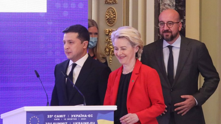 KIEV, UKRAINE - OCTOBER 12, 2021: Ukraine s President Volodymyr Zelensky, Ursula von der Leyen, president of the Europea