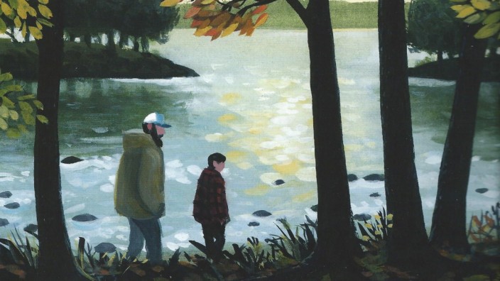 Bilderbuch: Vater und Sohn am Wasser. Illustration aus Jordan Scott/Sydney Smith: Ich bin wie der Fluss