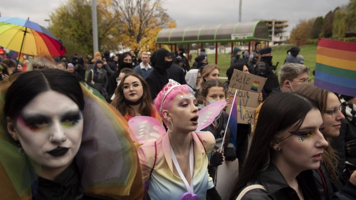 October 23, 2021, Lublin, Warsaw, Poland: Participants of the Lublin pride parade wear costumes on October 23, 2021 in