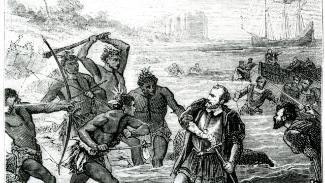MAGELLAN Fernand de Mort de MAGELLAN (1480-1521) lors de la bataille de Mactan aux Philippines, contre les guerriers du
