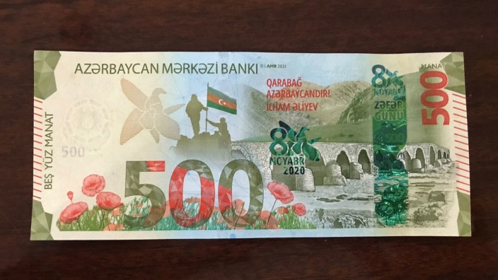 Bergkarabach: "Karabach ist Aserbaidschan!", heißt es auf der neuen 500er-Banknote, die von Giesecke & Devrient gedruckt wurde und den Krieg glorifiziert.
