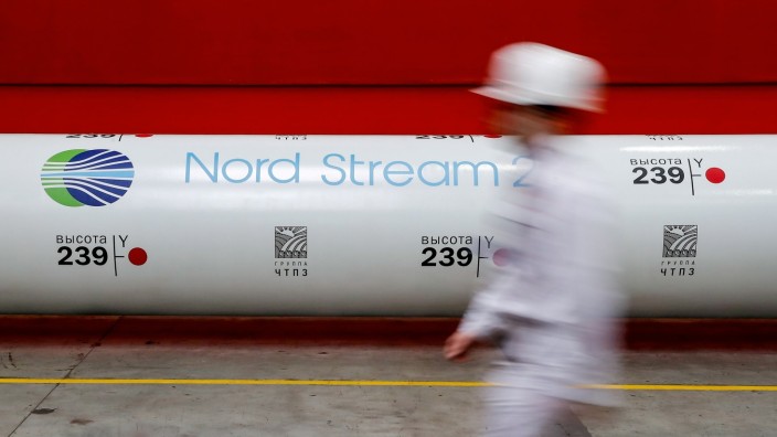FILE PHOTO: The logo of the Nord Stream 2 gas pipeline project on a pipe at Chelyabinsk pipe rolling plant in Chelyabinsk, Russia