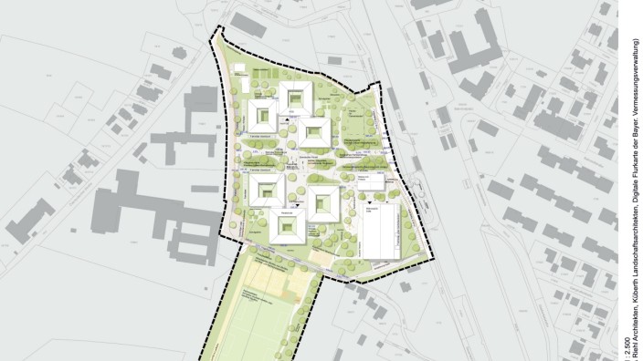 Oberhaching: Die beiden neuen Schulen sollen auf mehrere pavillonartige Gebäude verteilt werden. Karte: Hirner & Riehl Architekten, Küberth Landschaftsarchitekten, Bayer. Vermessungsverwaltung