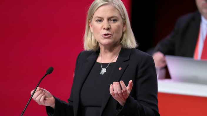 FILE PHOTO: Sweden's Minister of Finance Magdalena Andersson delivers a speech after being elected as party leader of the Social Democratic Party at the party's congress in Gothenburg