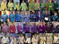Combination picture shows German Chancellor Merkel wearing jackets of differing colours while attending various public events