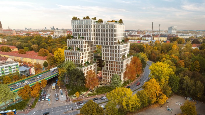 Architektur in München: Ungewöhnliche Planungsidee: Das geschichtete Turm-Ensemble firmiert unter dem Namen "Candid-Tor".
