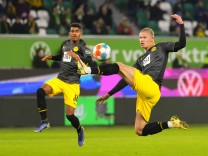 Wolfsburg v Borussia Dourtmund - Bundesliga Erling Haaland of Borussia Dortmund scoring their third goal during Wolfsbur