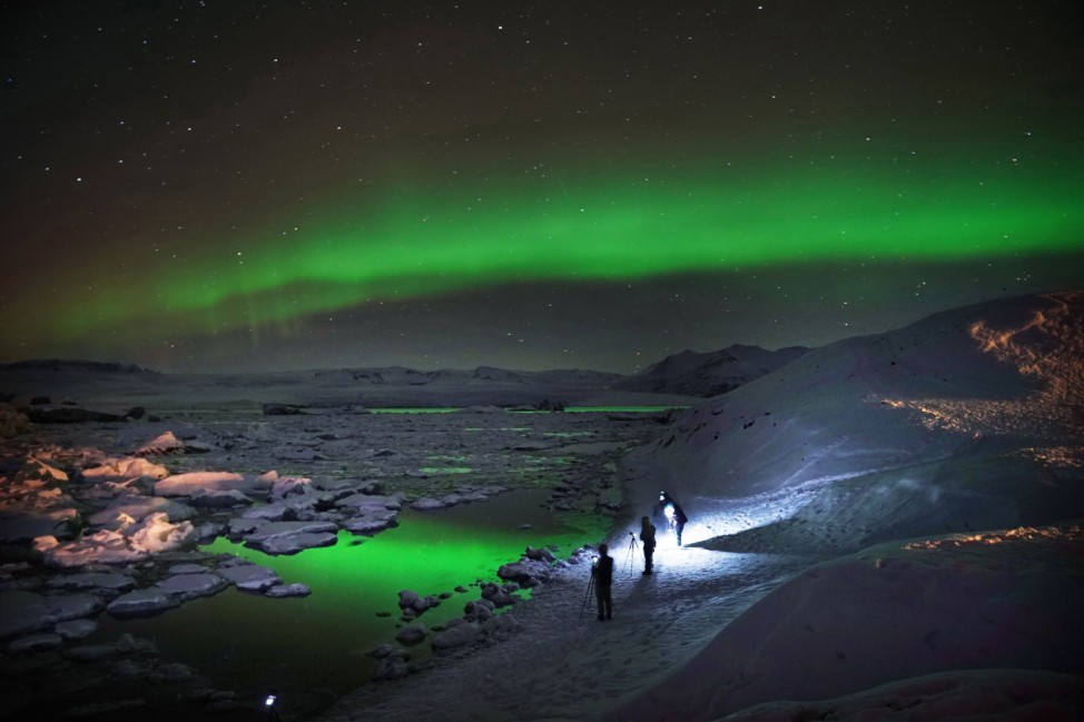 December 3, 2021, Jokulsarlon, Iceland: The Northern Lights, also known as the aurora borealis, over a glacier lagoon i