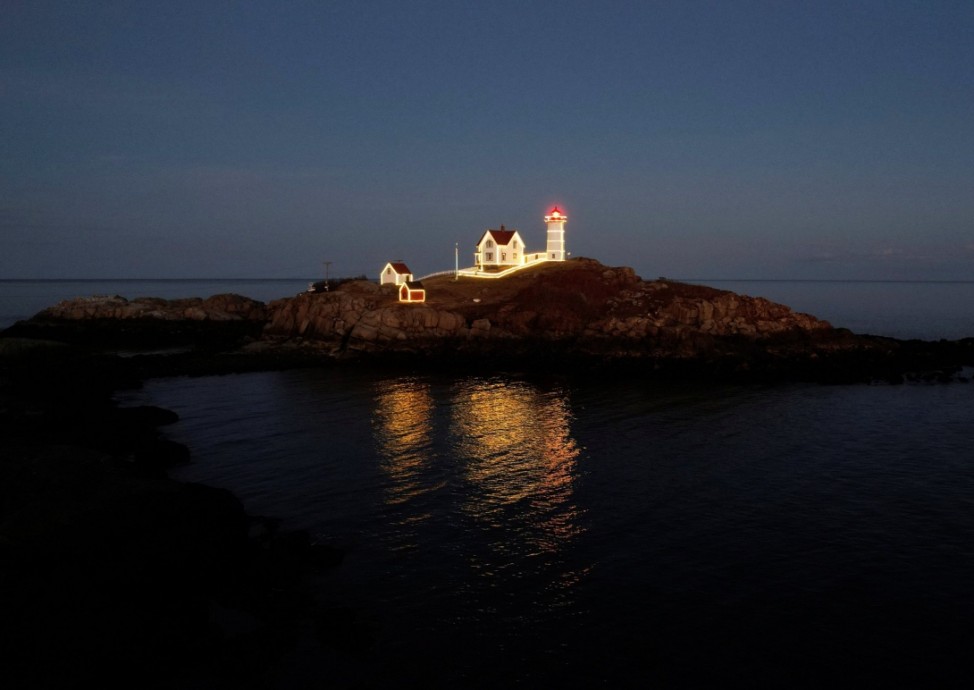 Nubble Light is decorated in lights for the Christmas holiday season in York