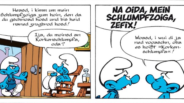 Comic auf Bairisch: Blaue Verwunderung: Im Comic "Schlümpfe auf Bairisch" geht es hoch her - in Wortgefechten.