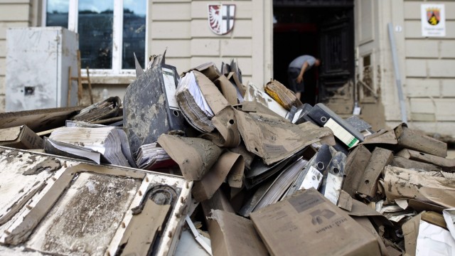 Destruction by the elements: Destroyed files in front of the town hall in the village of Altenahr, where many houses were destroyed by a flood.