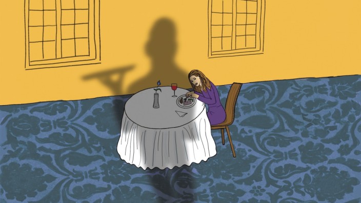 Diskriminierung in der Spitzenküche: Ob bei Tisch, im Service oder am Herd - überall im Restaurant stehen Frauen im langen Schatten dominanter Männer. Illustration: Stefan Dimitrov