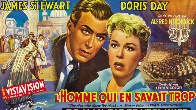 THE MAN WHO KNEW TOO MUCH, (aka L HOMME QUI EN SAVAIT TROP), l-r: James Stewart, Doris Day on Belgian poster art, 1956 C
