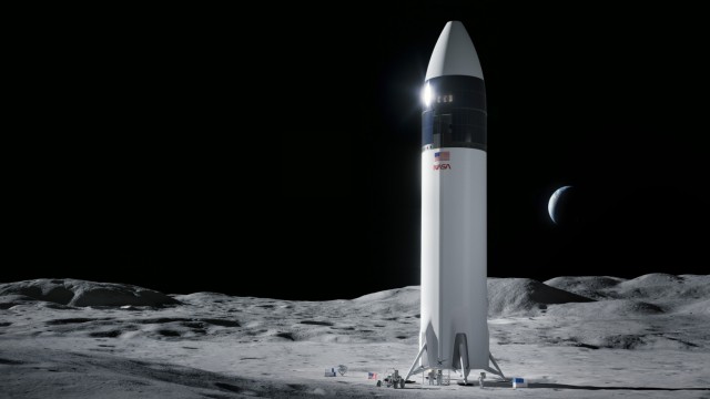 Space-X: Mitte der Zwanzigerjahre will die Nasa mit dem "Starship" Astronauten auf dem Mond landen. Illustration: Space-X/dpa