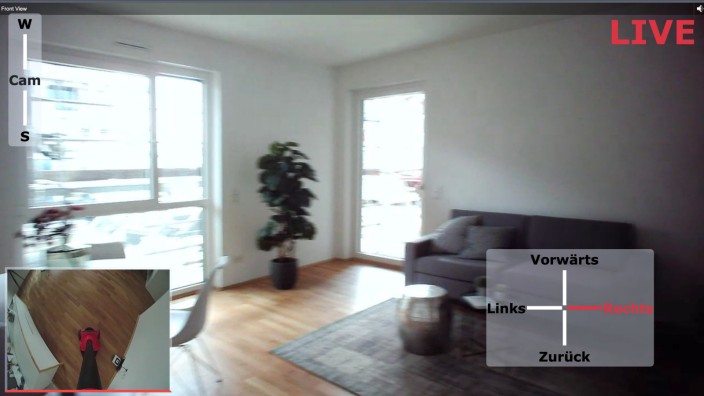 Zimmersuche: So sieht es aus, wenn Roboter Sam eine virtuelle Besichtigung gibt. Links unten sieht man die Maschine, rechts die Wohnung.