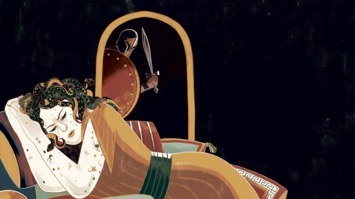 Griechische Mythologie für Kinder: Perseus im Kampf gegen die Medusa: Illustration aus "Eine Reise durch die griechische Mythologie" von Marchella Ward und Sander Berg.