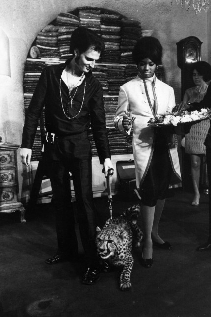 Dokumentarfilm: Rudolph Moshammer (links) mit seinem Geparden in seinem Geschäft 1968.