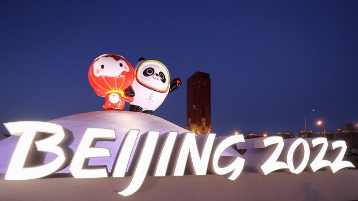 BEIJING, CHINA - JANUARY 12: An illuminated installation of Beijing 2022 Winter Olympics mascot Bing Dwen Dwen and Wint