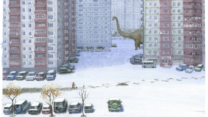Ausstellung: Eine beinahe realistische winterliche Straßenszenerie - wäre da nicht ein Dinosaurier, der auf einmal um die Ecke biegt.
