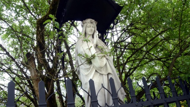 Sagen und Bräuche um Bäume: Marienfigur im Hollerbusch hinter der Wallfahrtskirche Mariä Himmelfahrt in Maria Thalheim bei Erding.