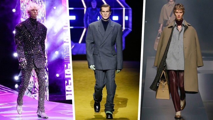 Fashion Week: Stilvoll ins neue Jahr: Entwürfe von der Mailänder Männermodewoche für nächsten Herbst/Winter, Rapper Machine Gun Kelly in Dolce&Gabbana (li.), daneben Prada (Mitte) und Fendi.