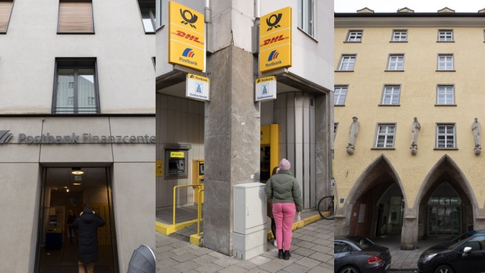 München: Die Filialen im Alten Hof (links) und in der Theresienstraße (Mitte) stehen auf der Streichliste, in der Agnesstraße (rechts) sind die gelben Schilder schon abmontiert.