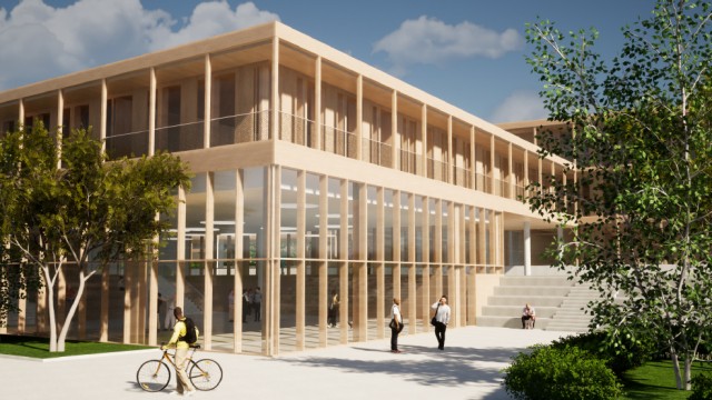 Schulbau-Offensive: In Aschheim entsteht auf dem neuen Campus ein neues Gymnasium in Holzhybrid-Bauweise - in einer Gemeinde ohne S-Bahn-Anschluss.