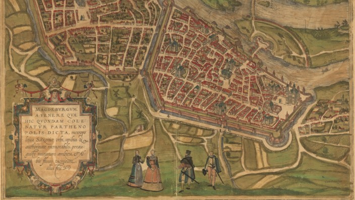Geschichte: Die Stadt Magdeburg auf einem Stich aus den 1570er Jahren. Das Ratsarchiv ging während der Zerstörung der Stadt im Dreißigjährigen Krieg vollständig verloren.
