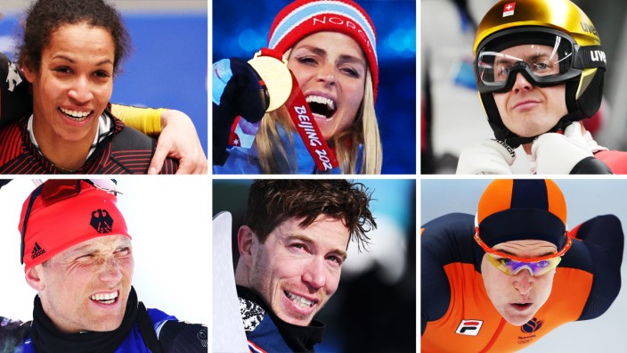 Olympia: Für sie waren es die letzten Olympischen Winterspiele: Mariama Jamanka, Therese Johaug, Simon Ammann, Ireen Wüst, Shaun White und Erik Lesser (von links oben im Uhrzeigersinn) haben sich in Peking 2022 verabschiedet.
