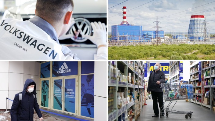 Deutsche Konzerne: Sie haben in der Vergangenheit auf Russland gesetzt (von oben links im Uhrzeigersinn): VW hat ein eigenes Werk gebaut, Uniper ist am Kraftwerksbetreiber Unipro beteiligt, Metro und Adidas haben jeweils eigene Standorte im Land.