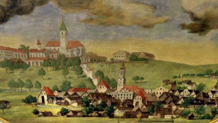 1250 Jahre Dorfen: Eine alte Ansicht von Dorfen, die in der Marktkirche St. Veit auf einem Deckengemälde zu sehen ist.