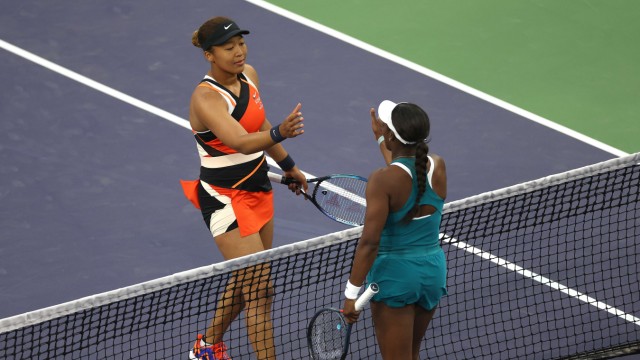 Tennis player Naomi Osaka: Shaking hands after victory: Naomi Osaka (left) and Sloane Stevens in Indian Wells.
