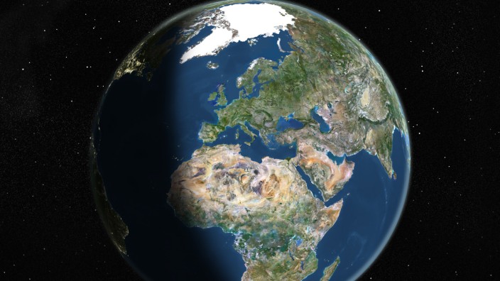 Globe Centred On Europe And Africa, True Colour Satellite Image. True colour satellite image of the Earth centred on Europe and Africa, during summer solstice at 6 a.m GMT. This image in orthographic projection was compiled from data acquired by LANDSAT 5