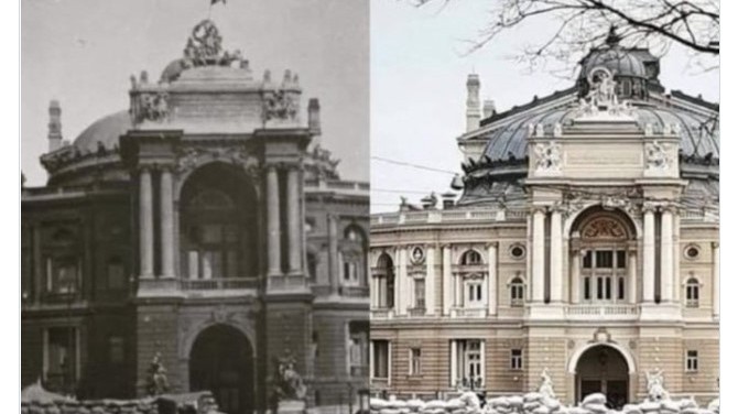 Krieg in der Ukraine: Gefährdet: Das Opernhaus von Odessa 1942 und 2022.