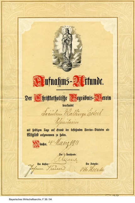 Totenbrauchtum: Aufnahms-Urkunde für ein Mitglied des "Christkatholischen Begräbnis-Vereins" aus dem Jahr 1911.