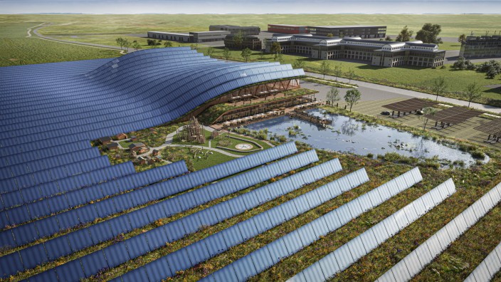 Energiewende: Ein großer Solarpark mit Servicestation der Firma Höflinger Müller, Gastronomie und E-Schnellladestationen ist bei Hallbergmoos geplant. Animation: Höflinger Müller