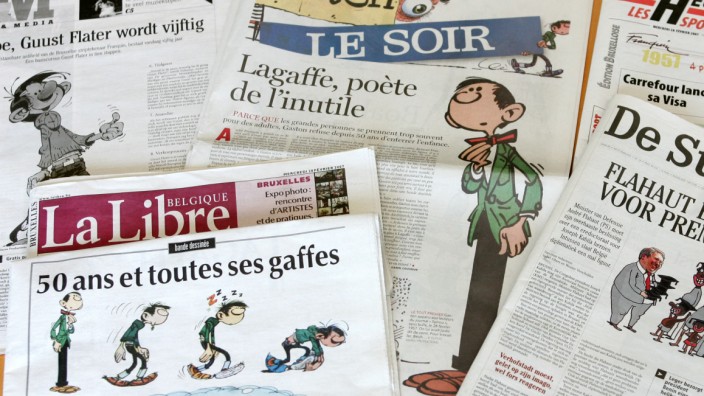 Comic-Klassiker: Der berühmteste Bürobote der Welt: Gaston Lagaffe, gezeichnet von André Franquin. Das Bild entstand 2007, als belgische Zeitungen den 50. Geburtstag dieser Figur auf ihren Titelseiten würdigten.