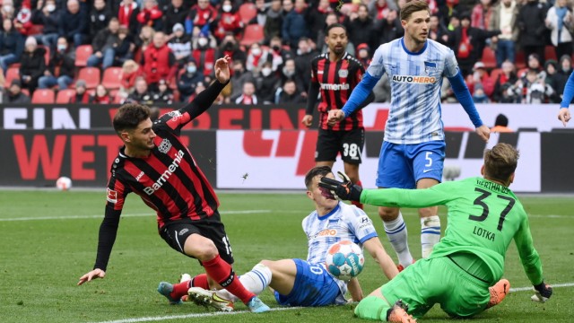 Felix Magath and Hertha BSC: One, two, three, where's the ball?  Lucas Alario (left) fails because goalkeeper Marcel Lotka, who trained at Leverkusen, now plays for Hertha and came on as a substitute in his former home country, and who kept Berlin in the game for a long time.